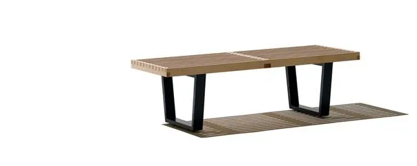 Modern wooden bench with metal legs.