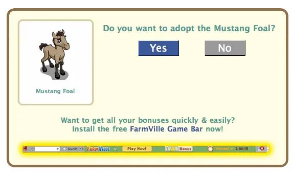 Mustang Foal adoption prompt with options to accept or decline.
