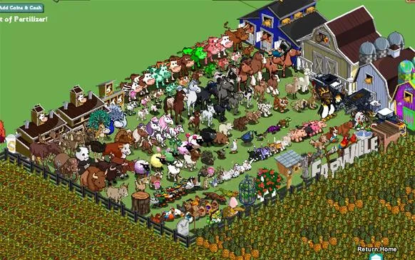 Farm scene with various animals and crops in a virtual landscape.