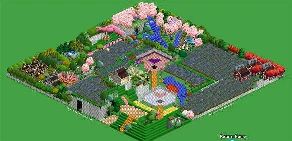 A vibrant garden landscape with colorful trees, flowers, and decorative structures.