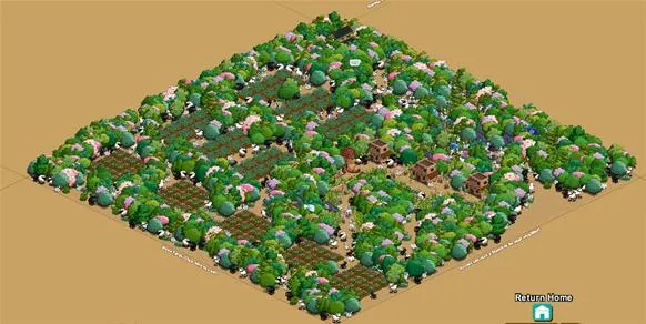 Lush green landscaping with various trees and garden plots.