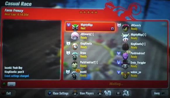 Casual racing game lobby showing player usernames and readiness status.