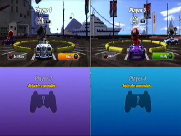 Split-screen gameplay of a racing game showing two active players and two inactive player slots.