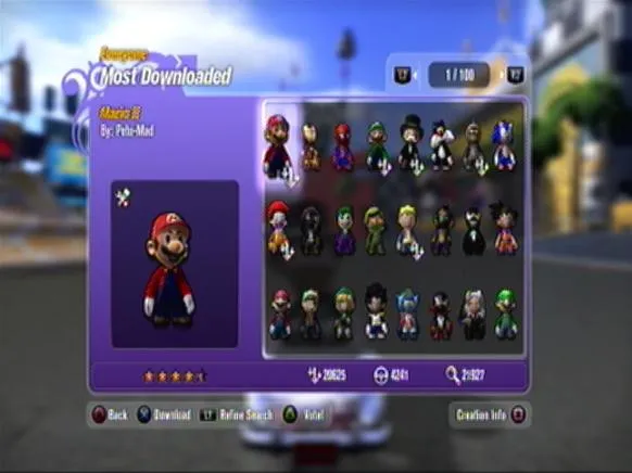 Character selection screen featuring various avatars, including a prominent character in a red outfit.