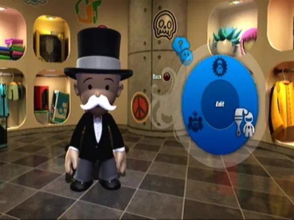 Character in a top hat and tuxedo standing in a colorful, modern interior.
