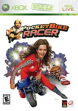 PocketBike Racer Xbox game cover featuring a female racer and animated characters.