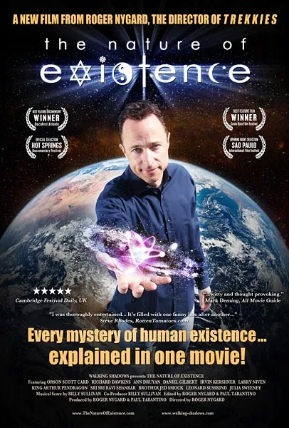 Nature of Existence movie poster featuring a man with a globe backdrop and text highlighting its themes.