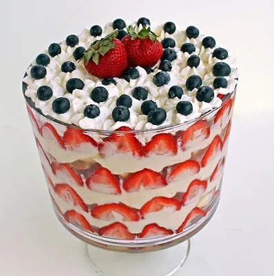 Strawberry and blueberry layered cake with whipped cream.