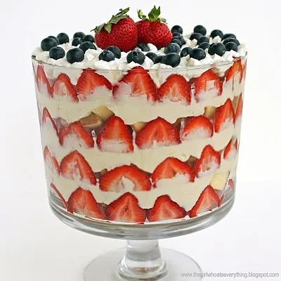 Layered strawberry and blueberry trifle dessert in a glass bowl.