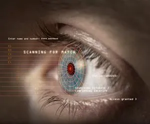 Digital eye scanner with intricate patterns and data overlays.