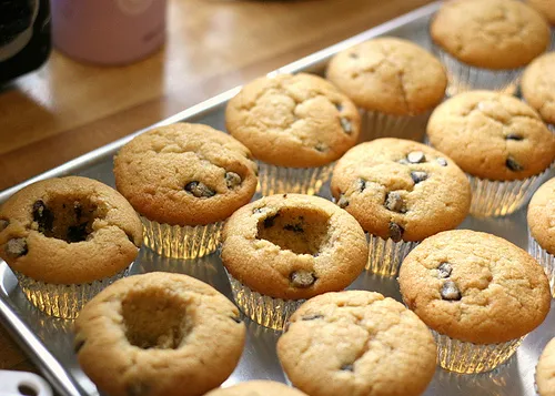 Baking tray filled with freshly baked chocolate chip muffins.