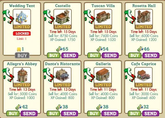 Game interface showcasing various limited-time buildings for purchase, including a wedding tent and several themed structures.
