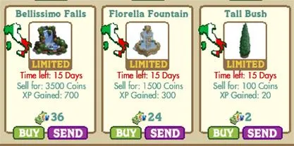 Three decorative items for purchase in a virtual game: Bellissimo Falls, Fiorella Fountain, and Tall Bush, each with their prices and time limits.