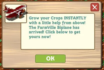 FarmVille Biplane advertisement for crop assistance.
