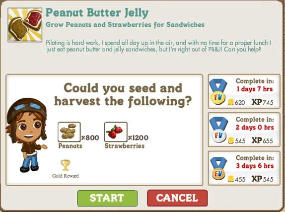 Peanut butter jelly game interface showing a character and options for growing peanuts and strawberries.
