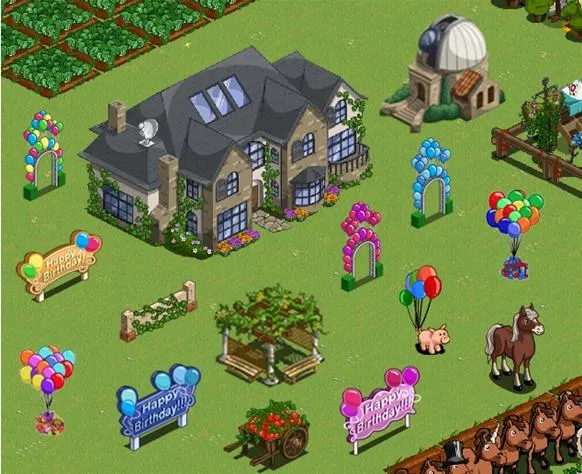 Virtual farm scene featuring a large house, decorative arches, balloons, and a small observatory.