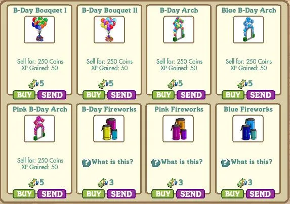 Birthday decorations and items for sale in a game.