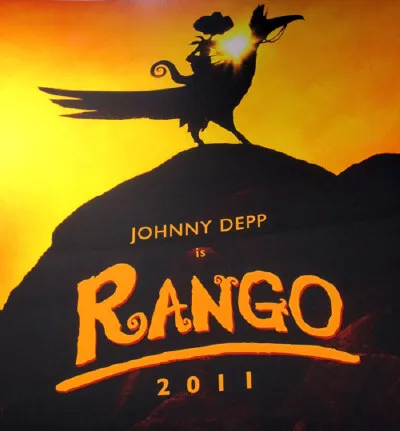 Rango movie poster featuring a lizard on a bird silhouette against an orange sunset.