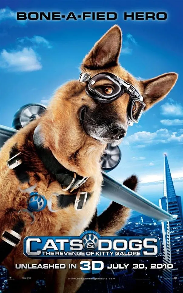 A dog wearing aviator goggles and a harness, with a city skyline in the background, featured in a movie poster.