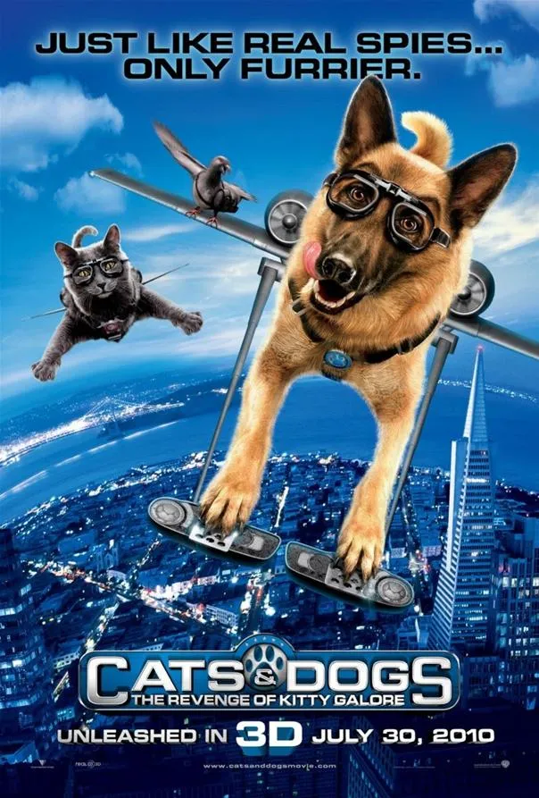Cats & Dogs: The Revenge of Kitty Galore movie poster featuring a flying dog wearing goggles.