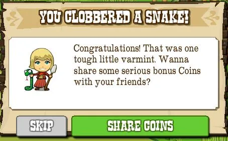 Game notification congratulating a player for defeating a snake and encouraging sharing bonus coins.