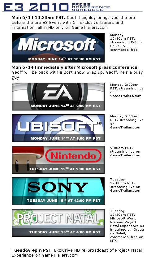 E3 2010 event logos for Microsoft, Ubisoft, Nintendo, and Sony.
