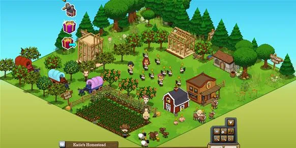 A colorful farming simulation game with various crops, animals, and structures in a lush, green landscape.
