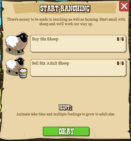 Game interface for buying and selling sheep with options to start farming.