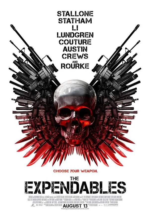 The Expendables movie poster featuring a skull and various firearms.