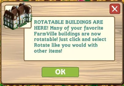 FarmVille rotatable buildings announcement with instructions.