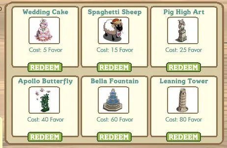 Game item selection screen featuring various decorative items: wedding cake, spaghetti sheep, pig high art, Apollo butterfly, Bella fountain, and leaning tower, each with different favor costs.