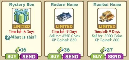 Gift box and two homes with limited time offers and their respective coins and experience points values.