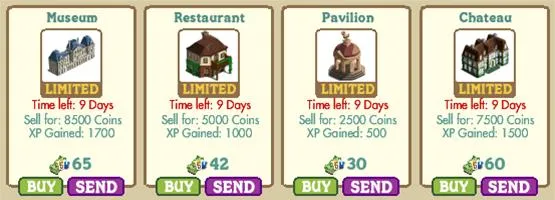Building icons for a game with purchase details: Museum, Restaurant, Pavilion, and Chateau.