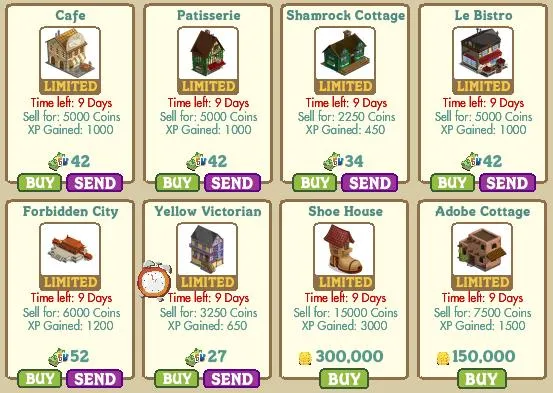 Collection of limited-time buildings for sale in a simulation game, including a café, patisserie, and various themed cottages.