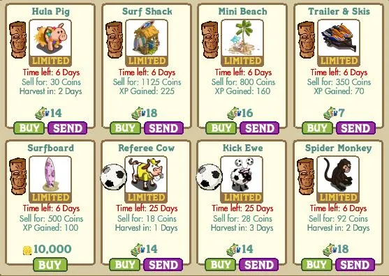 Farm-themed game items including a Rida Pig, Surf Shack, Mini Beach, Trailer & Skis, Surfboard, Referee Cow, Kick Bin, and Spider Monkey, all marked as limited-time offers.