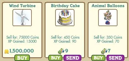 Wind turbine, birthday cake, and animal balloons in a virtual game shop.