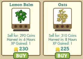 Lemon Balm and Oats plants with pricing and harvest details.