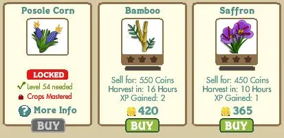 Posole corn, bamboo, and saffron crop options with pricing and harvest details.