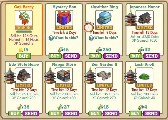 Goji Berry and various limited-time items in a game interface.