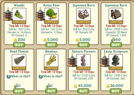 Game items with prices and limited availability, including plants and structures.