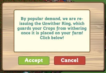 Text promoting the re-issue of the Unwither Ring for crop protection in a farming game.
