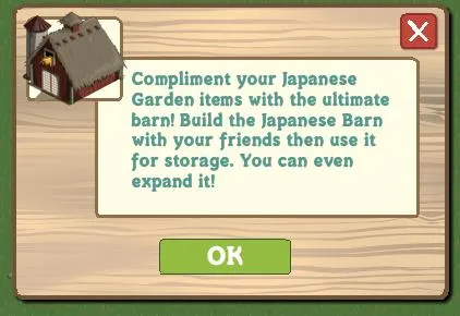 Japanese barn advertisement for garden items with storage expansion option.