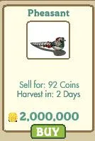 Pheasant game item with details on selling price and harvest time.