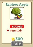 Rainbow Apple item locked for purchase, iPhone only, priced at 500 coins.