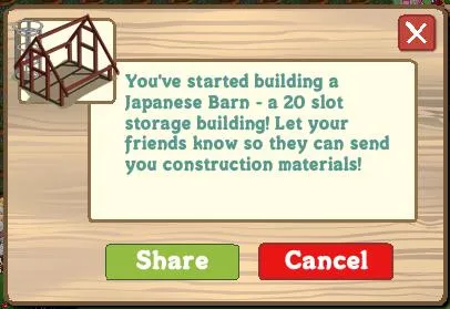 "Dialogue box for building a Japanese Barn in a game, with options to share or cancel."
