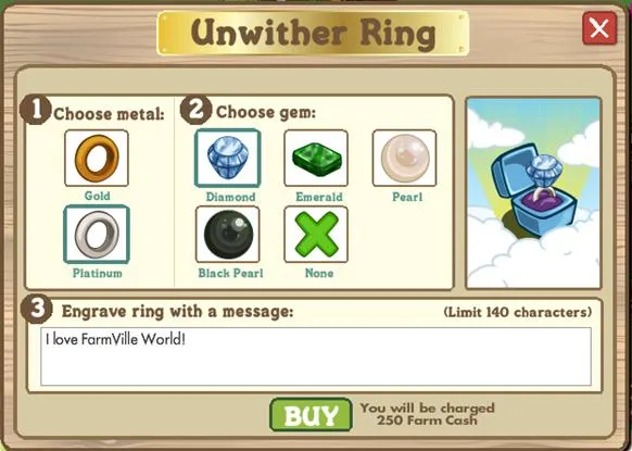 Unwither Ring customization interface featuring options for metal, gem selection, and engraving message.