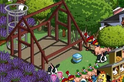 Farm scene with a partially constructed barn surrounded by animals and greenery.