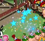 Colorful cartoon animals celebrating with party hats in a festive outdoor setting.