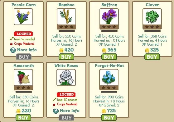 Plant crop options with prices and harvest details: Poets Corn, Bamboo, Saffron, Clover, Amaranth, White Roses, Forget-Me-Not.