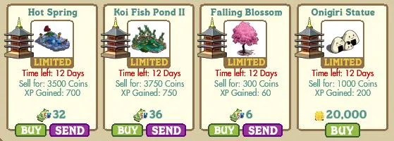 Decorative game items including a Hot Spring, Koi Fish Pond, Falling Blossom Tree, and Oni-Giri Statue with pricing and XP information.